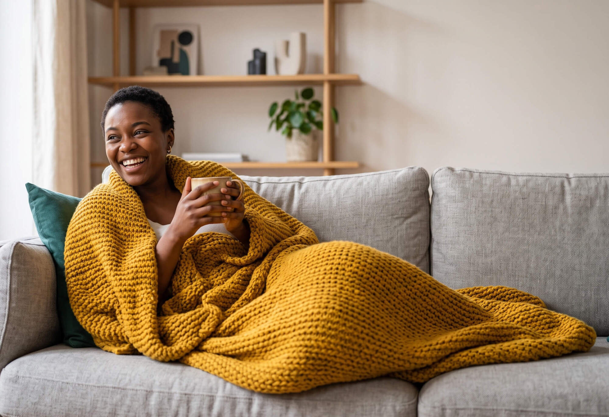 Smiling woman wrapped in a chunky mustard-yellow knit blanket, holding a mug while relaxing on a light gray sofa in a bright, cozy living room.